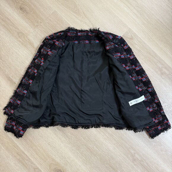 Trina Turk Womens Good Night Tweed Fringe Chain Jacket Black Red Blue Sz 10 - Picture 7 of 10
